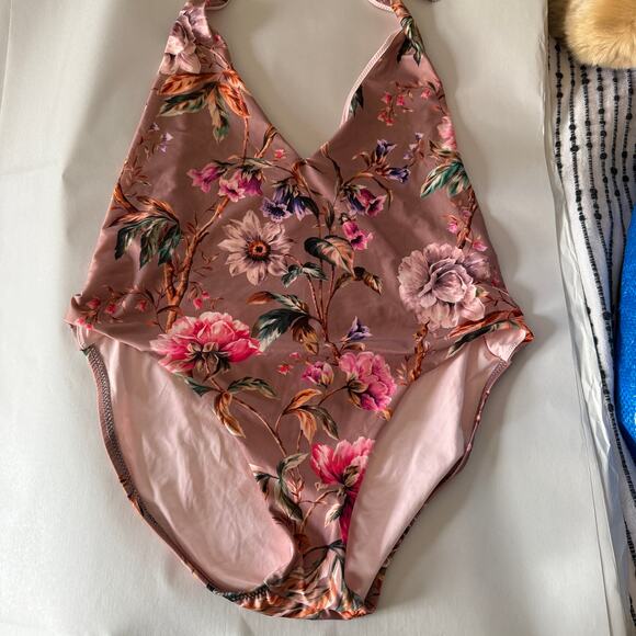 VITAMIN A Emma Floral Deep Plunge V Open Back Halter Swimsuit Ginger Floral XL - Picture 3 of 6